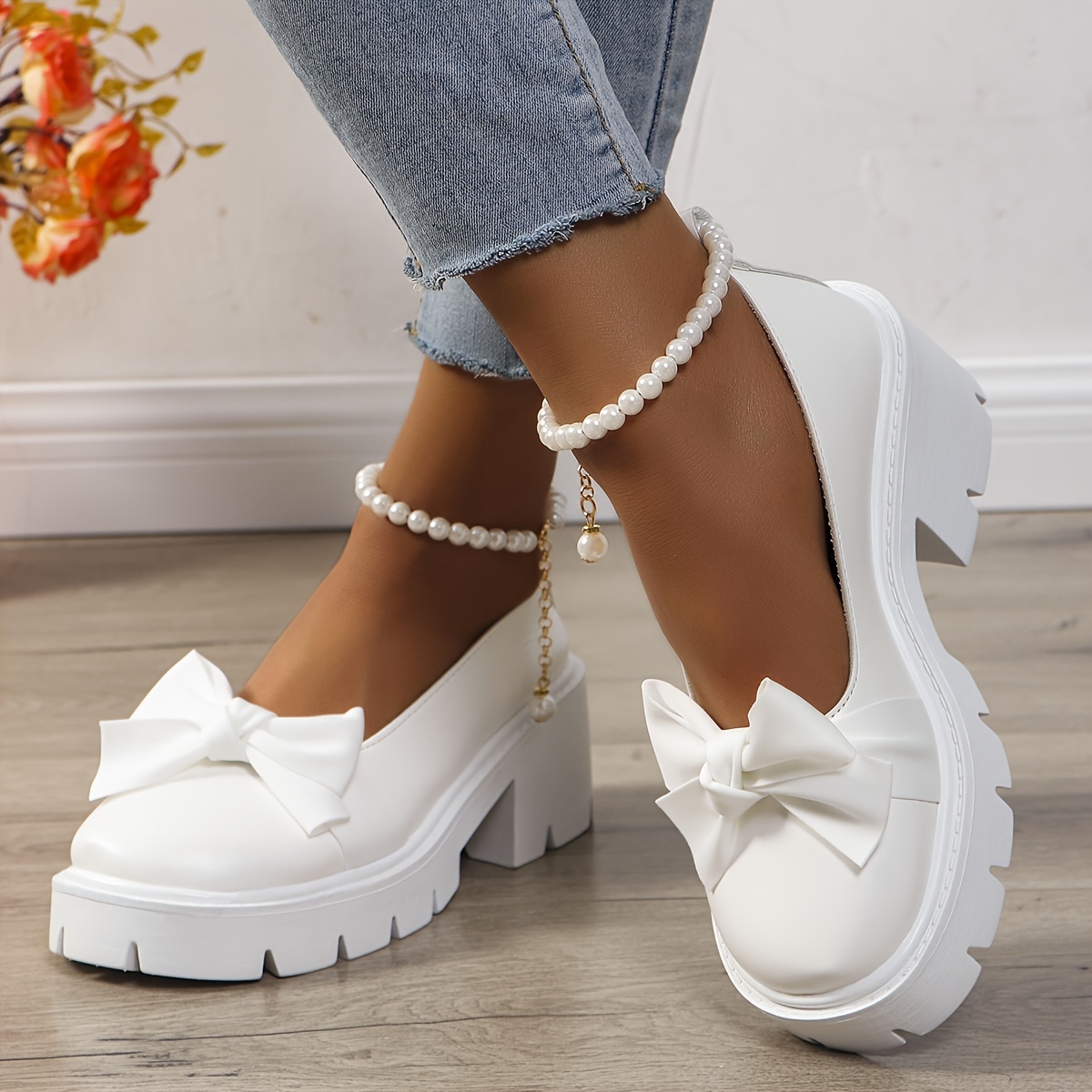 2024 Women's Fashion Bow High Heel Pearl Chain Trendy Single Shoe, Women Shoes
