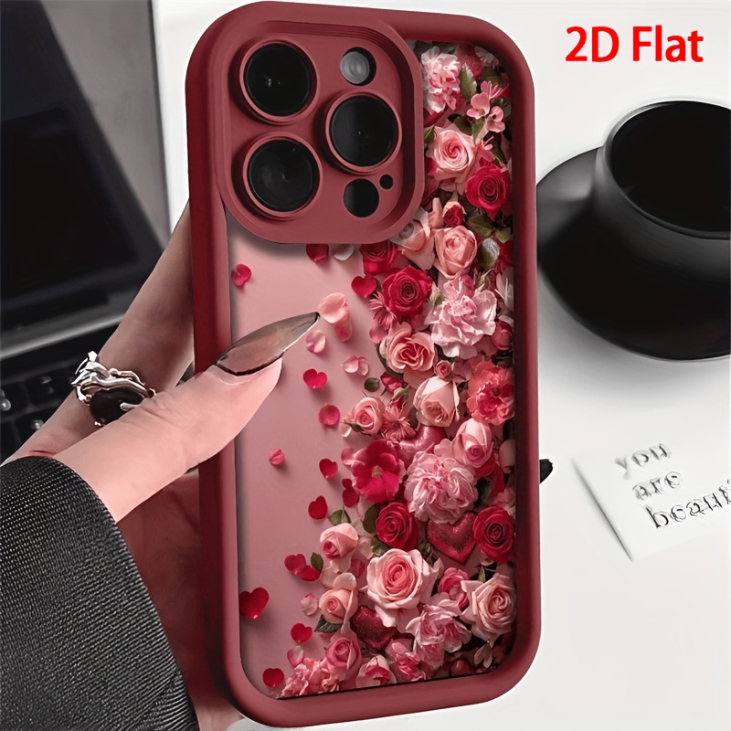 TEMU Coque de téléphone : Étui de à bord surélevé avec motif rose plat 2D, housse de souple. Convient pour les séries iPhone