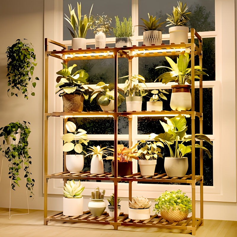 TEMU Support pour plantes BF avec lumières de croissance, étagère en bois à 4 niveaux, haute de 44,7 pouces, conçu pour diverses plantes d'intérieur,
