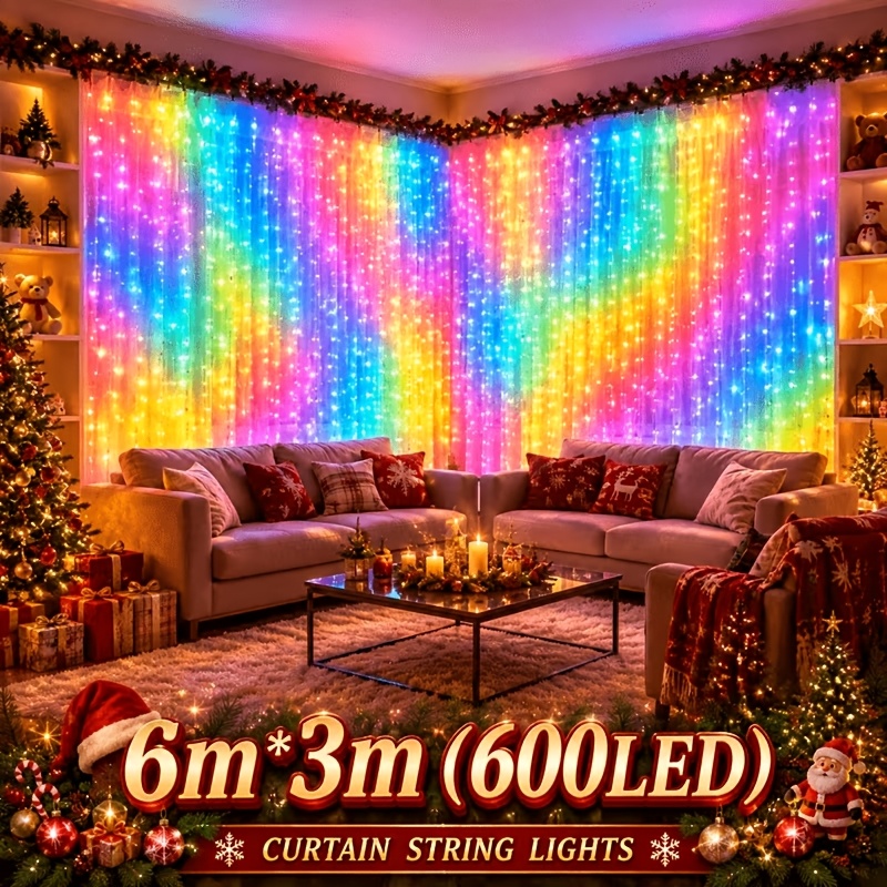 TEMU Rideau de 600 LED 6×3m à piles, guirlande lumineuse à 8 d'éclairage, couleur chaude pour intérieur et extérieur, fenêtre, piles non incluses,