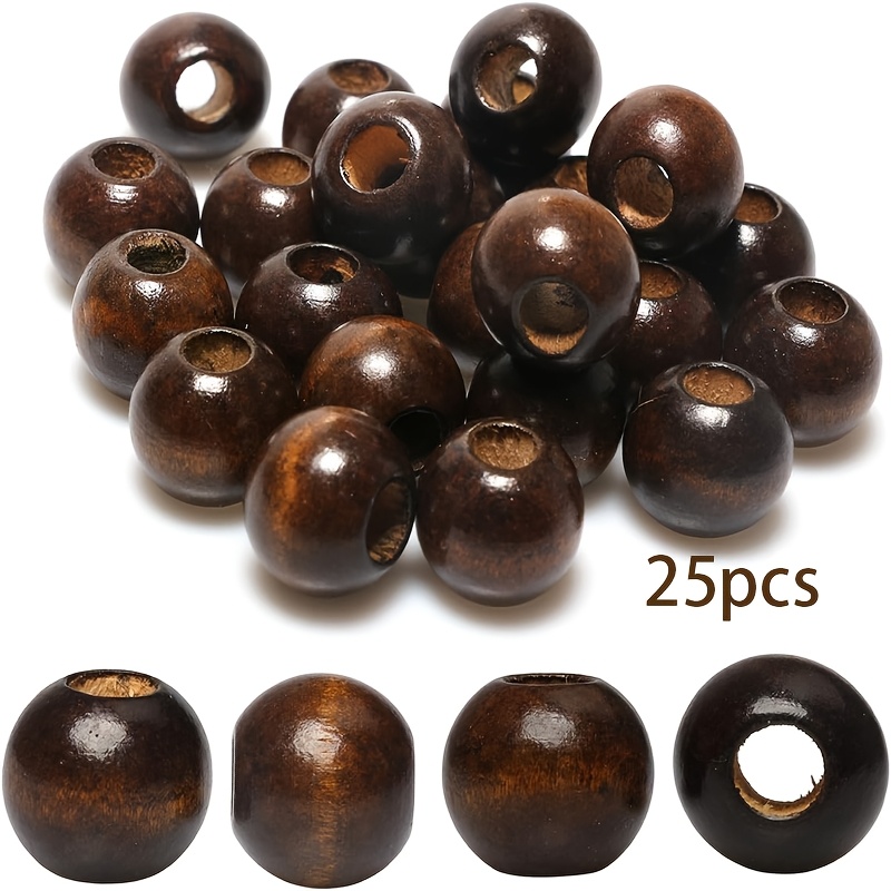 TEMU 25pcs Of 20mm Wooden Beads Craft, Brown Tassel Wooden Beads With 10mm Large Hole Dark Brown Round Dyed Loose Beads For Diy Handmade Decoration