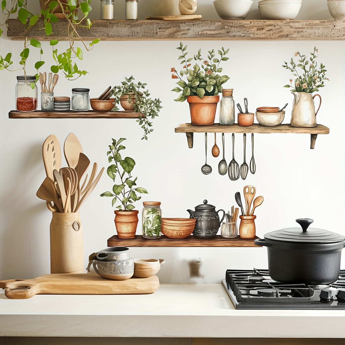 Rustic Peel And Stick Kitchen Wall Decals – Tableware And Greenery Scene, Removable Pvc Art For Home And Restaurant Decor, Kitchen Decor And Accessories