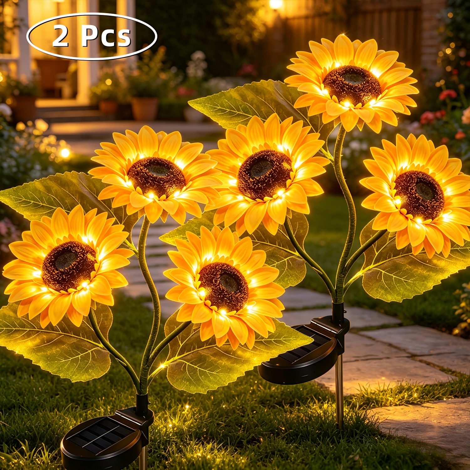 TEMU Lot de 2 lampes solaires décoratives d'extérieur, ornements de fleurs jaunes vives en ABS durable avec IPX4. Décoration de paysage parfaite pour