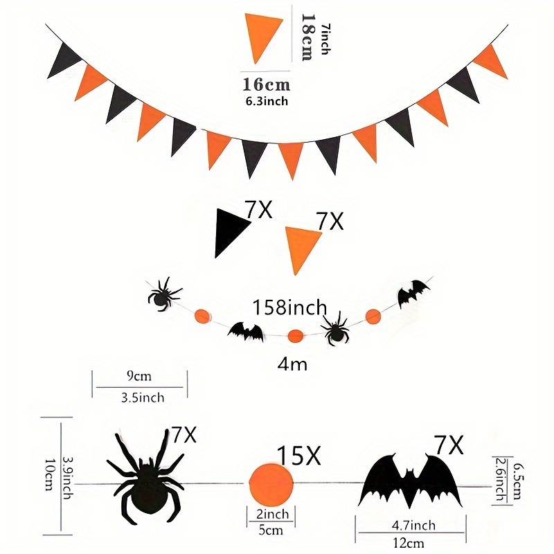Image of Halloween Party Decoration Bunting Featuring Black Bats, , And Round Discs, With Black And Orange Triangular Felt Flags
