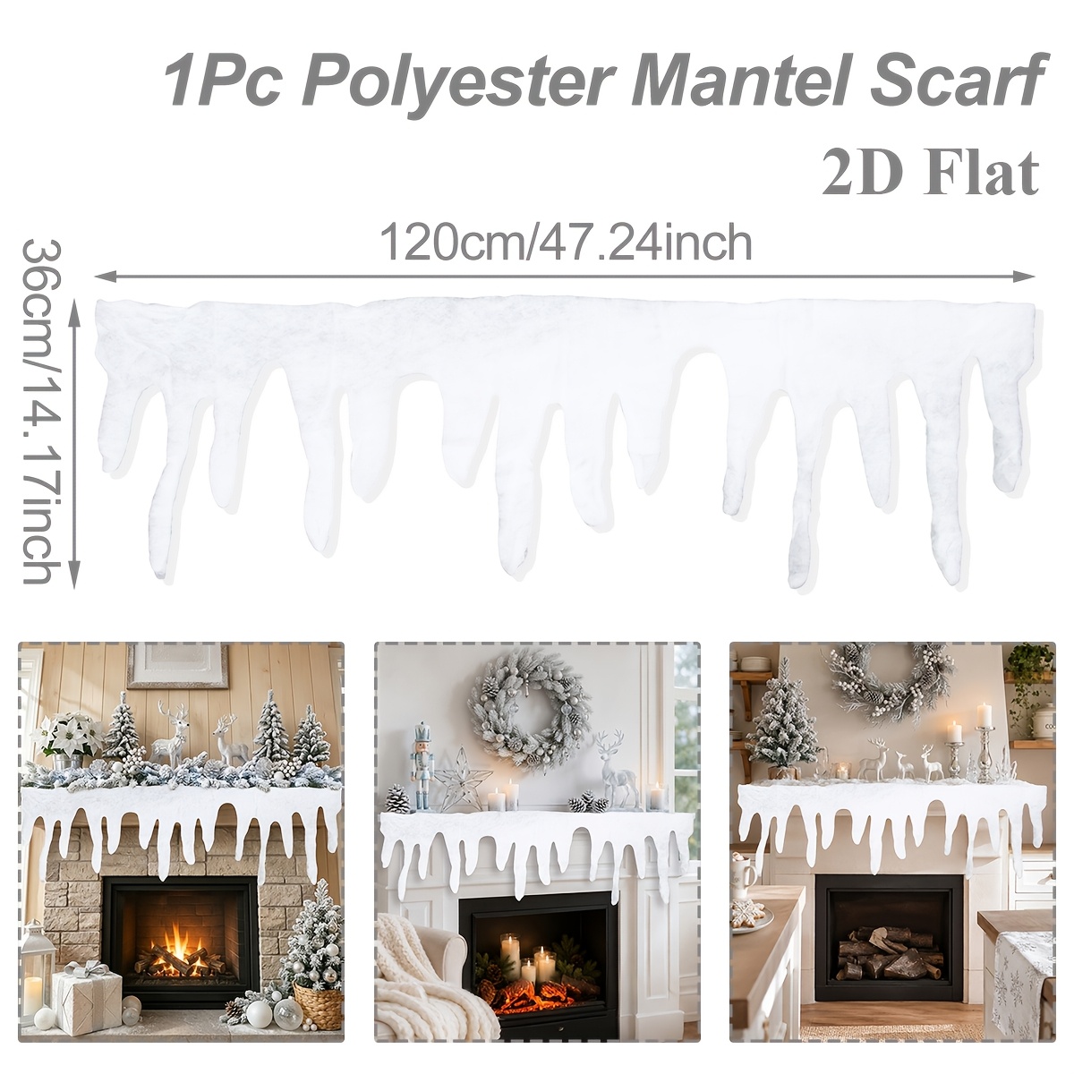 TEMU 1 pièce, Neige artificielle, Élégante étoffe de cheminée blanche, Décoration de manteau de cheminée d'hiver, Écharpe de cheminée pour Noël, An,