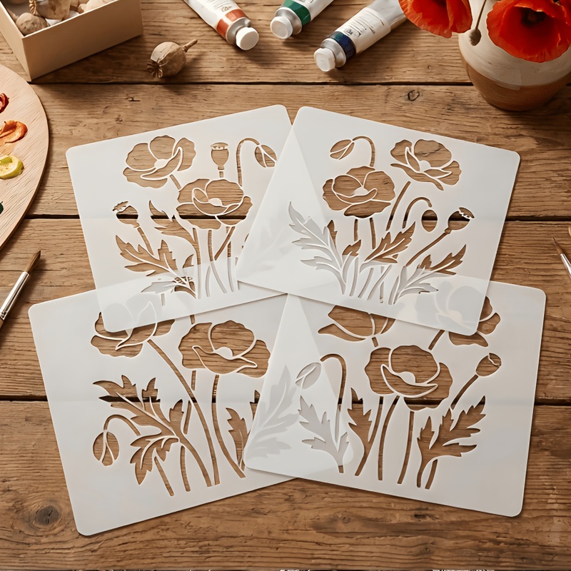 TEMU 4pcs Reusable Plastic Poppy Flower Stencils With Patterns & Spring Floral Templates Suitable For Diy Crafts, Walls, Canvas, Scrapbooking,