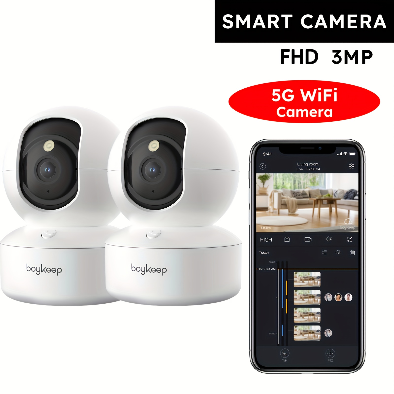 TEMU 2pcs, Boykeep 5g/2.4ghz Wifi Smart Camera, 2k High-definition Indoor , Special Safety Camera For Pets, 360° Panoramic Surveillance Video, Night