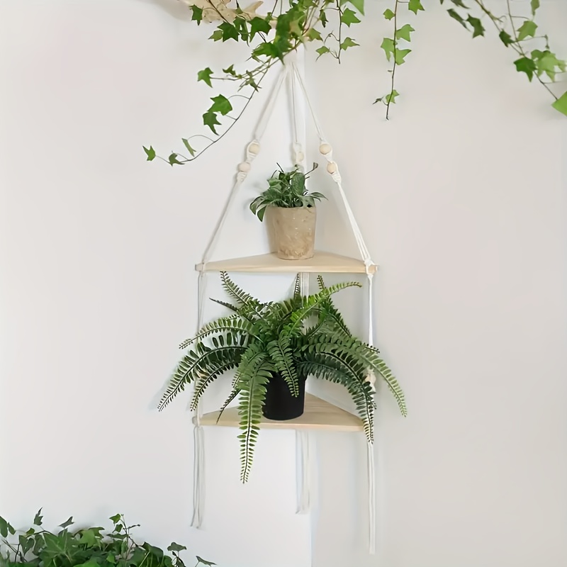 Wooden Wall-mounted Corner Shelf With Rope, Bohemian Style Decorative Hanging Shelf For Plants, Suitable For Living Room, Bathroom, Bedroom Decor
