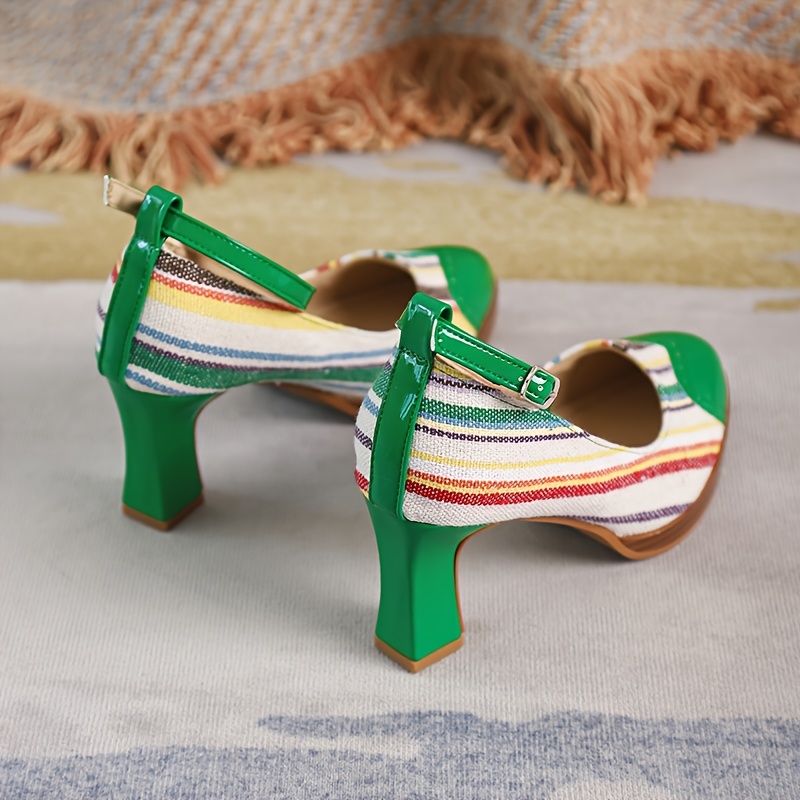 Women's Retro Platform Mary Jane Shoes with Chunky Heel & Multi-Color Striped Design - Round Toe Faux Cover/Fabric Upper, Green/Beige/White/Black/Brown, Comfortable Block Heel & Arch Support, All-Season Casual to Formal Dress Shoes - Vibrant Striped Pattern, Chunky Heel  Cushioned Insole, TPU Sole, Versatile for Casual Attire, Retro Style with Mary-Jane Strap & Buckle Closure, Sparkly Shoes for Women, Petite Pointed High Heel Shoes, Beige Shoes for Women Elegant Classy,