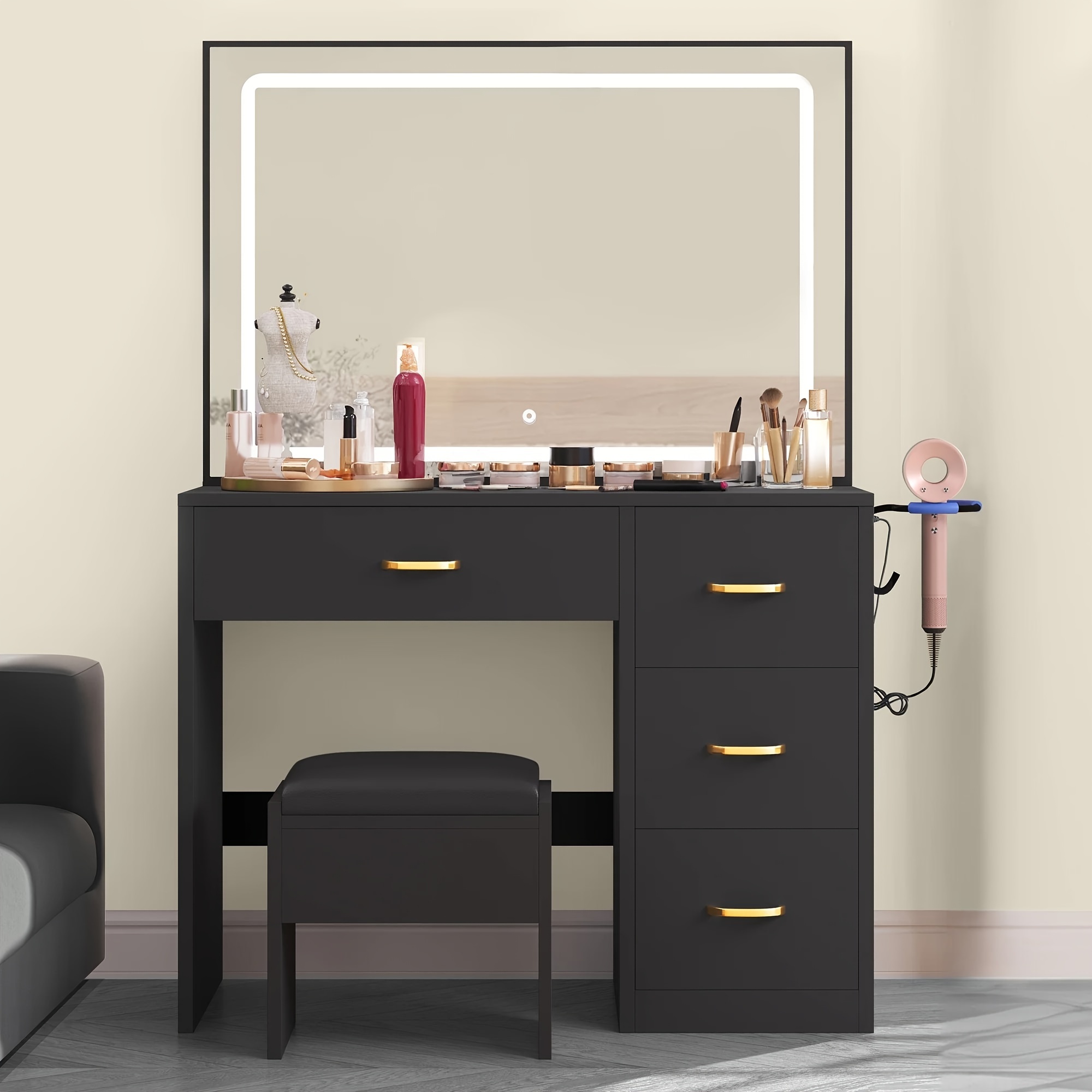 

Dwvo Makeup Vanity Desk With Large Lighted Mirror And Storage - Enhance Your Beauty, Routine 4 Drawer Vanity Table With Cushioned Stool, Black