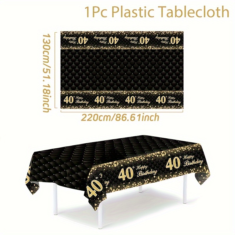 Image of 1pc, 40th Birthday Tablecloth, 220*130cm, Black And Golden Plastic Table Cover For Birthday Celebrations, For Home Party Decoration, Adult Birthday Tablecloth, Event Table Covers