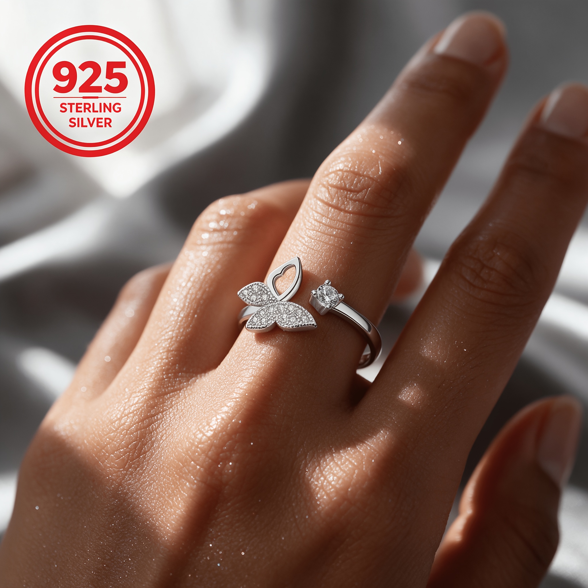 925 Silver Adjustable Butterfly Wing Ring, Geometric Design