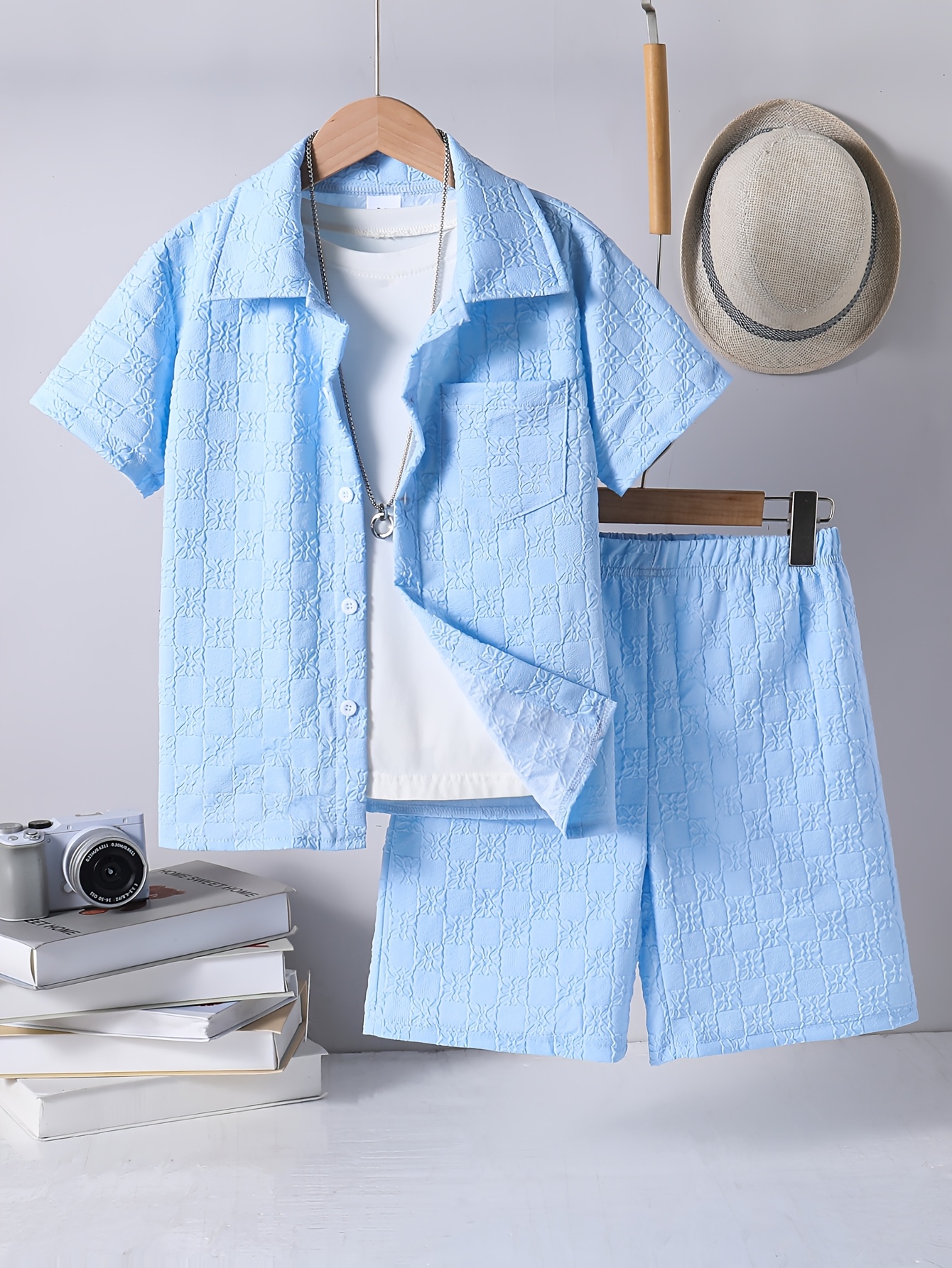 conjunto de 2 peças para meninos e adolescentes: nova camisa casual de  /outono com   aberta, estampa 3d e bolsos + conjunto de shorts de cor  , perfeito para o verão,     ao ar livre, brincadeiras e volta às aulas, perfeito para atividades ao ar livre
