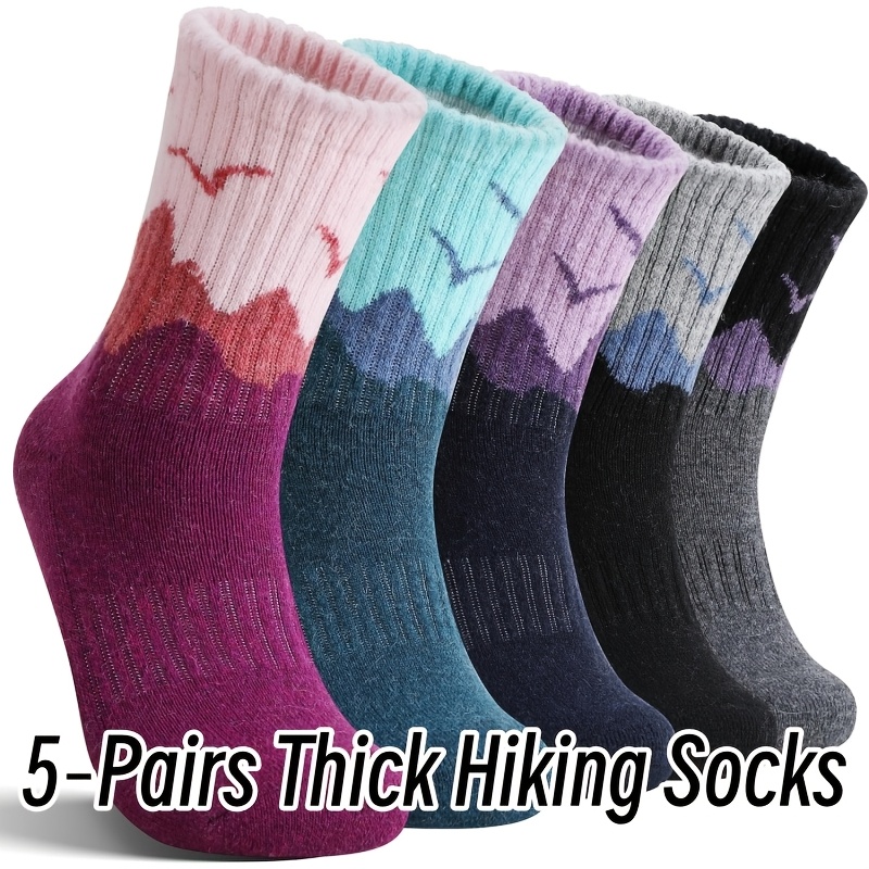 TEMU 5-pair Women's Wool Mid-calf Hiking Socks, Gradient Mountain And Flying Bird Pattern, Warm And Shock-absorbing Mountaineering Socks, Comfortable