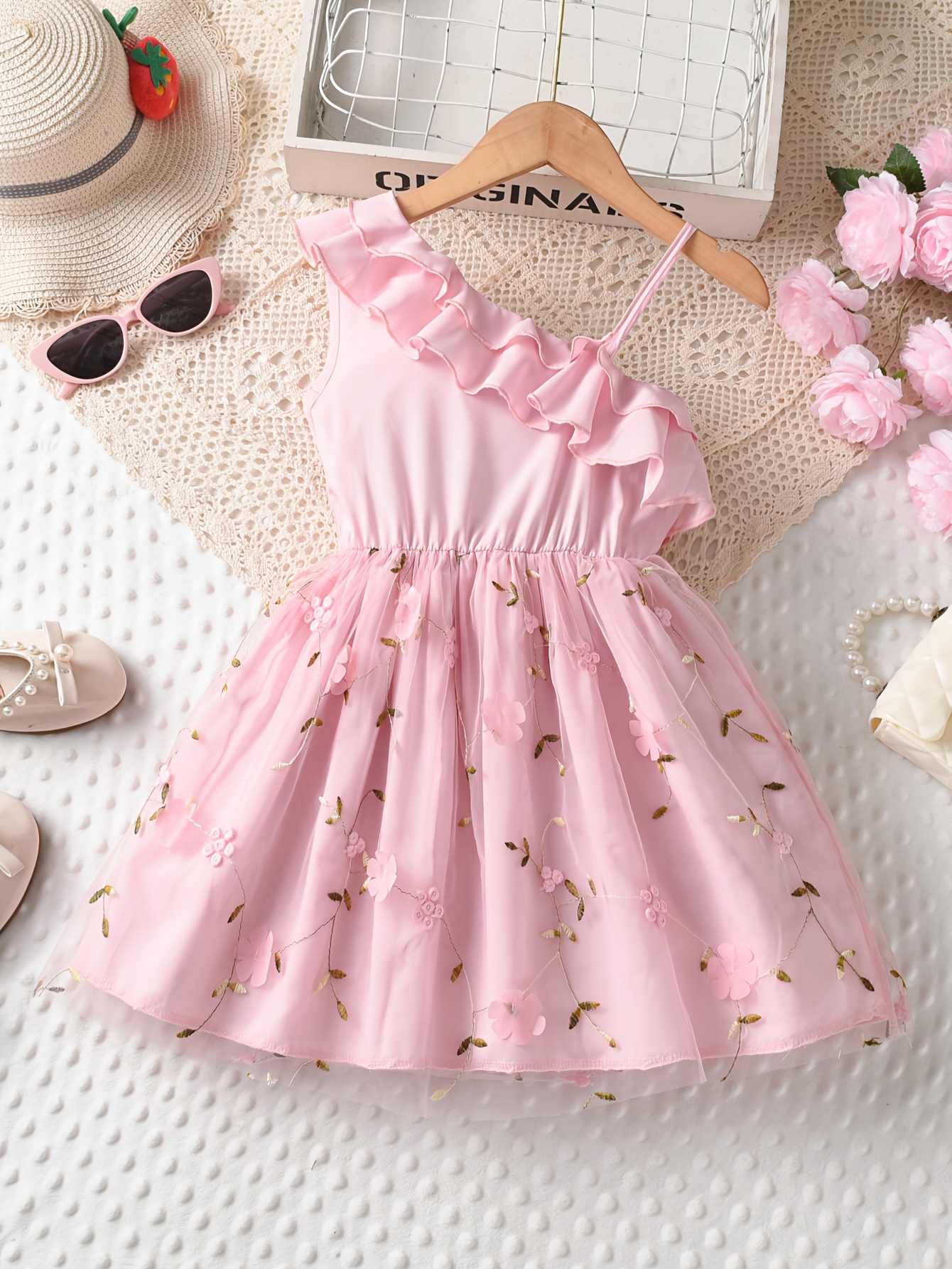 girls' summer ruffle shoulder dress cute polyester Temu Saudi Arabia