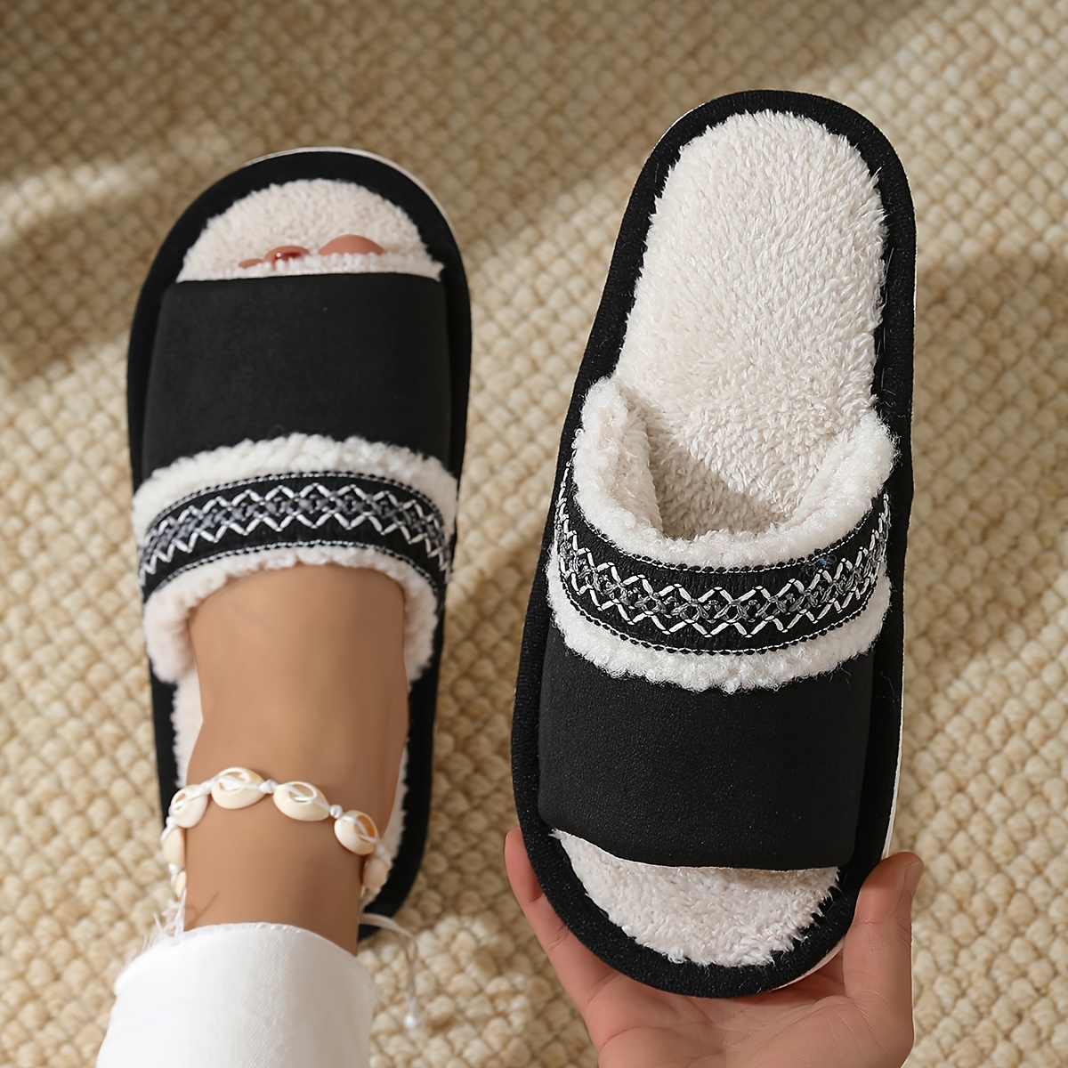 TEMU Autumn Winter Women's Home Plush Lace Fashion Warm Slippers, Women Shoes