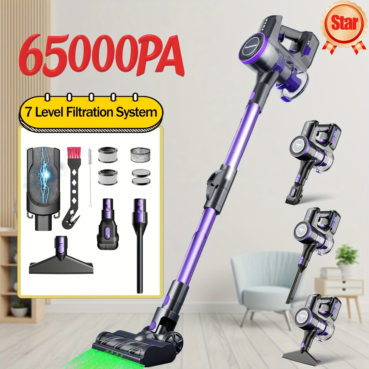 550 w   cordless vacuum cleaner with 65000 pa 7 filters 4 suction   1 6  vacuum cleaner   extremely long running   hard floors carpets pet hair energy   0