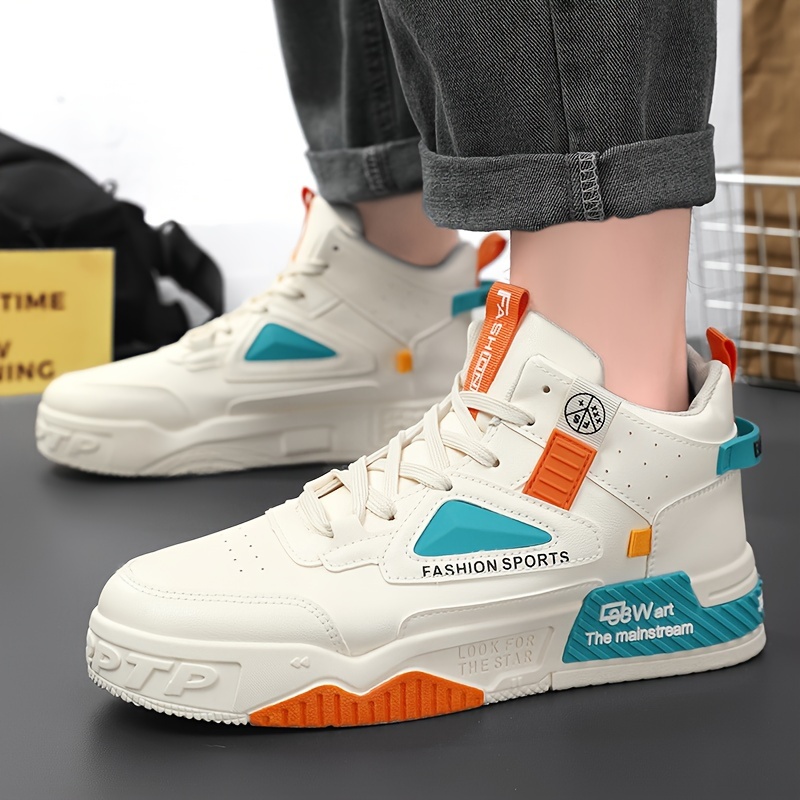 Comfy Men's High Top Skateboard Shoes - Trendy Color Block Non Slip Lace Up Sneakers for Outdoor Activities