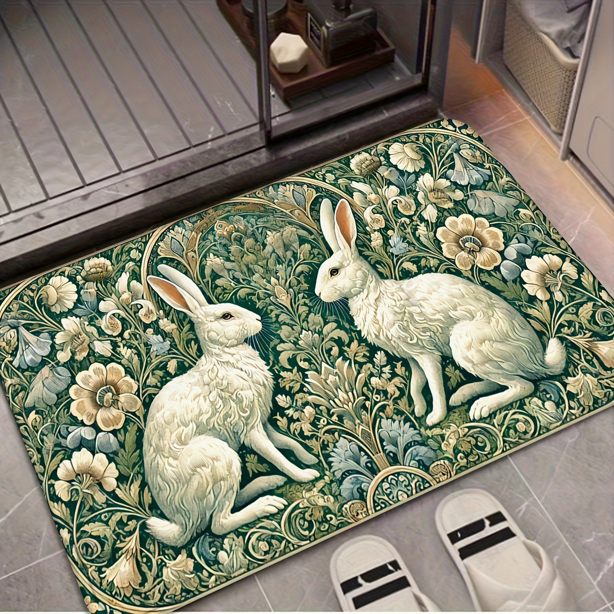 TEMU A Item, Featuring A Vintage Rabbit And Plants, An Easter Doormat, Made Of Plush Material, 0.47 Inches Thick, Fluffy And Non-slip Rug, Suitable