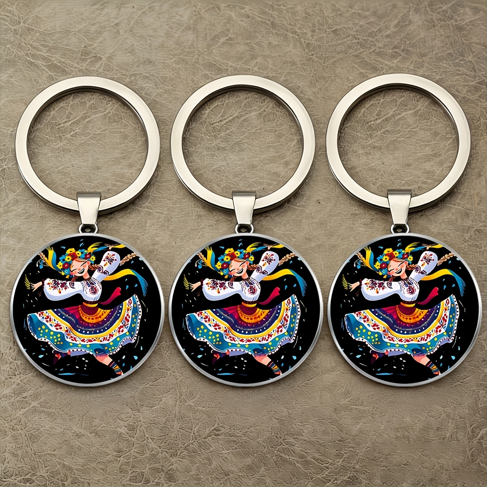 TEMU 2d Flat - 3pcs, Ukrainian Dance Themed Ladies Keychain, 2d Flat, Exquisite Pattern Key Chain, Suitable For Bags, Car Pendants, Etc., , Travel