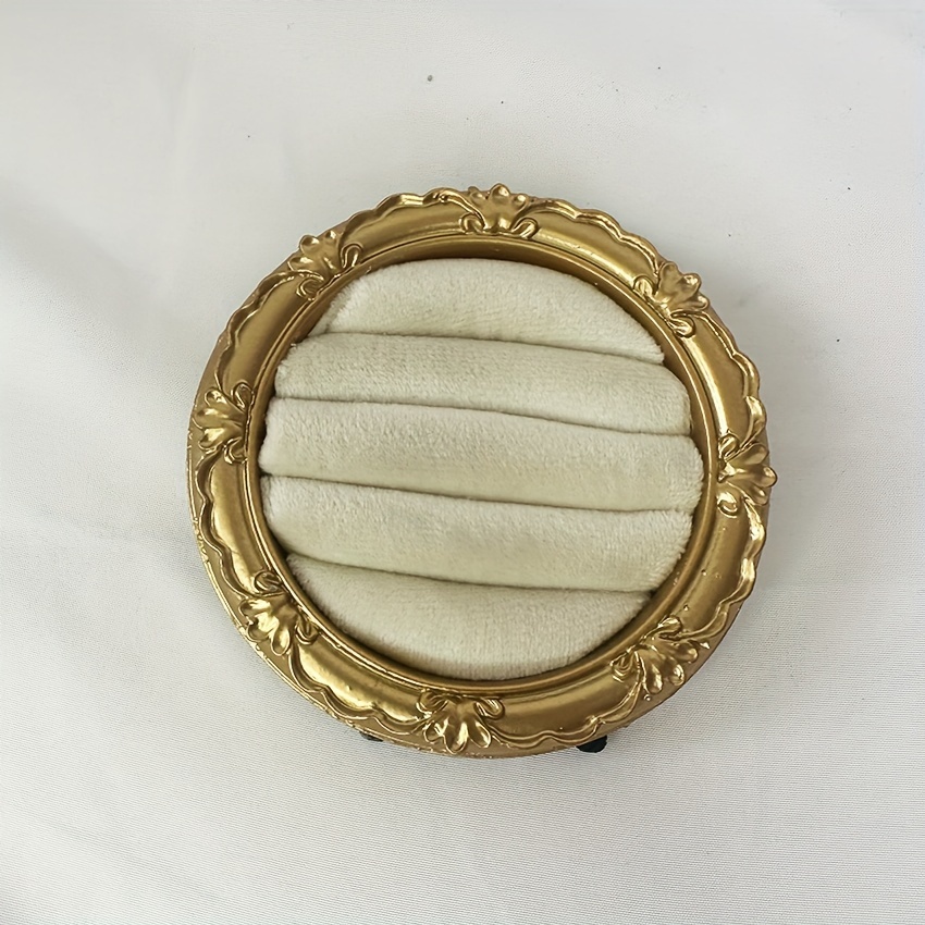TEMU 1pc Elegant Golden Round Resin Jewelry Display Tray With Beige Velvet Lining - Organizing Rings, Earrings, And Bracelets, Accessory Storage|decorative Tray|velvet Lined Tray