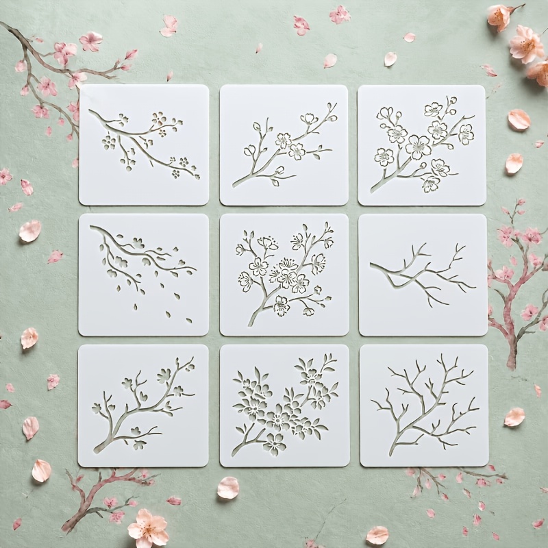 TEMU 9pcs Cherry Branch Stencils Templates - Reusable Pet Plastic Floral Branch Painters With Cream-white Pet Sheets Suitable For Crafts, Journaling,