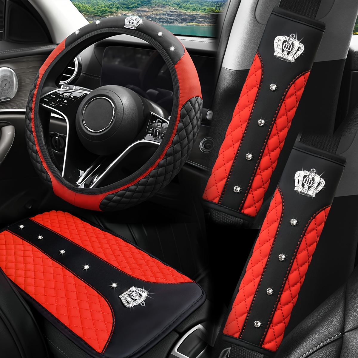 

4pcs Pu Leather Car Steering Wheel Cover With Carbon Fiber Pattern & Shoulder Pads Set, Leather Armrest