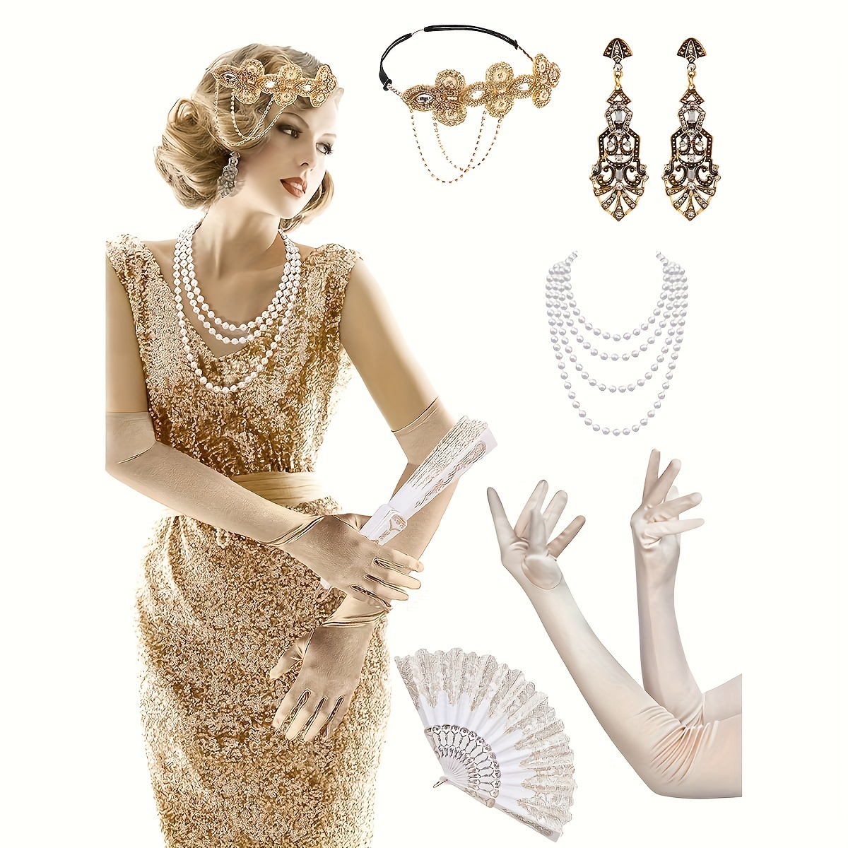 7pcs 1920s * * Style Costume Accessories Set: Headband, Earrings, Necklace,  Gloves, Fan  Single Party * Ball Outfit for Ladies