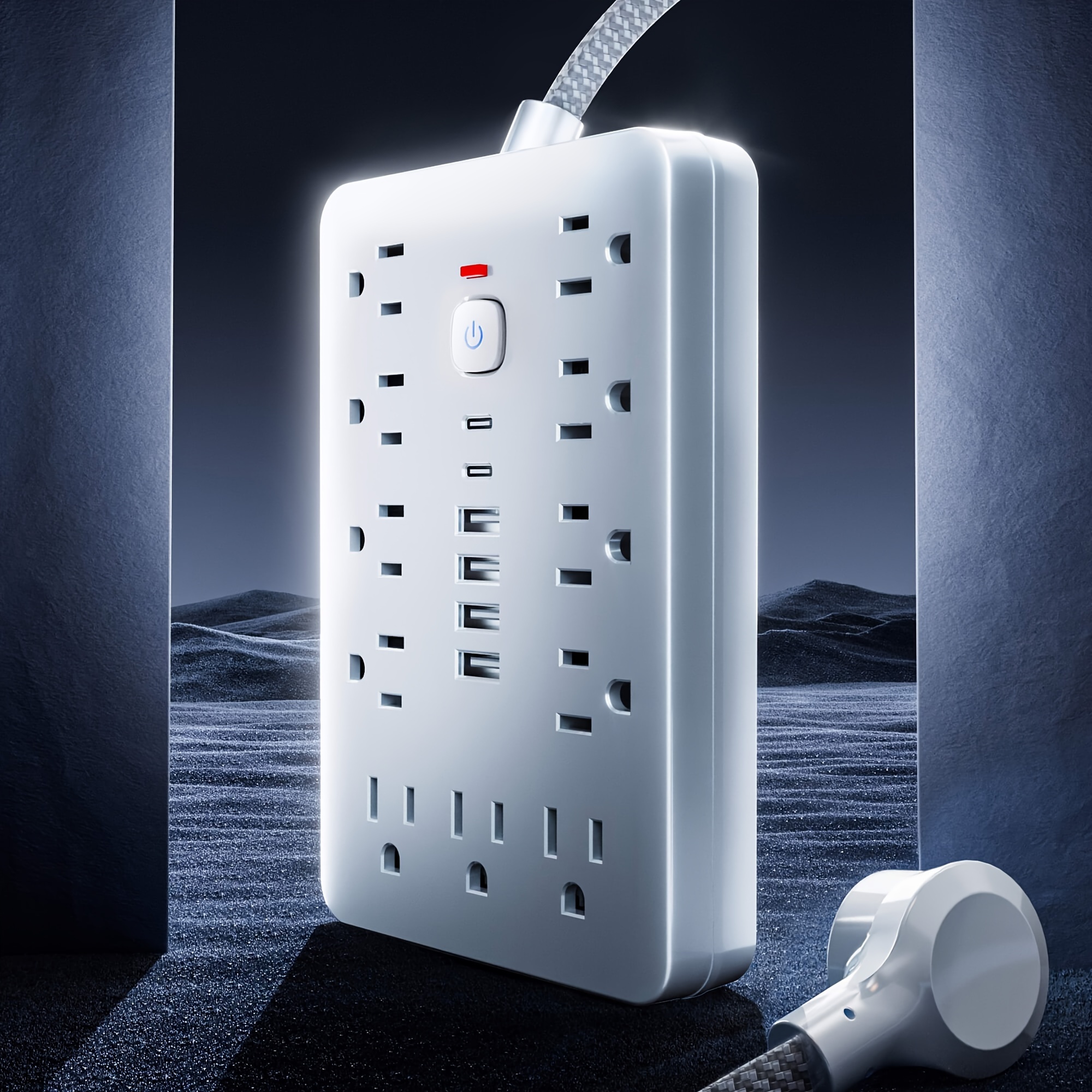 

1 Overload Protection Power Strip, 5ft And 10ft Braided Flat Extension Cords, With 6 Usb (2 Usb C), 11 Ac Outlets Compact Desktop Charging Station Wall Mounted, Suitable For Office, School, Dormitory