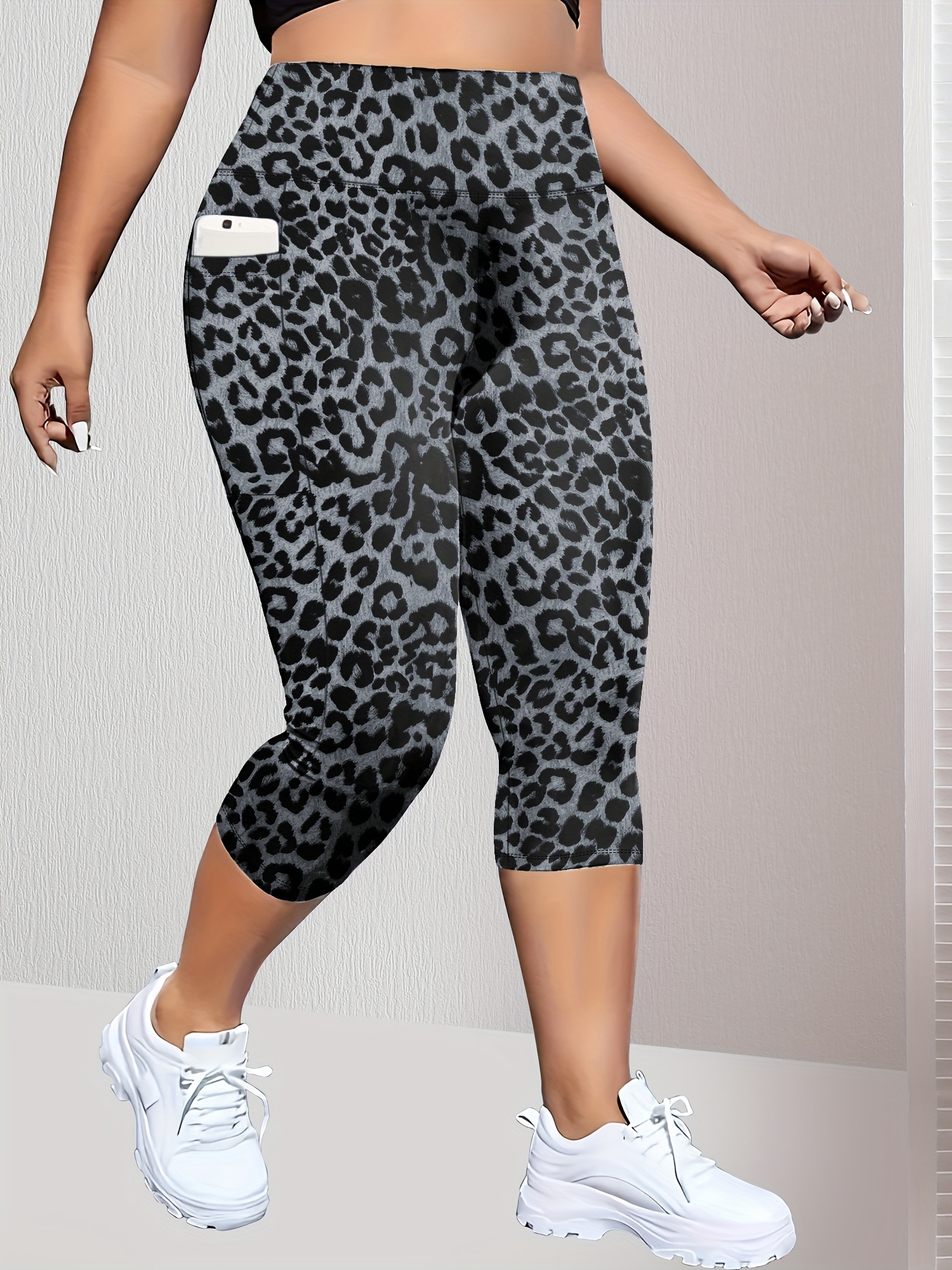 Plus Size High-Waisted Leopard Print Capri Pants with Side Pocket - Stretchy Casual Skinny Jeans for Spring/Summer/Fall, Casual Wear|Leopard Print Pants|Stretchy Fabric