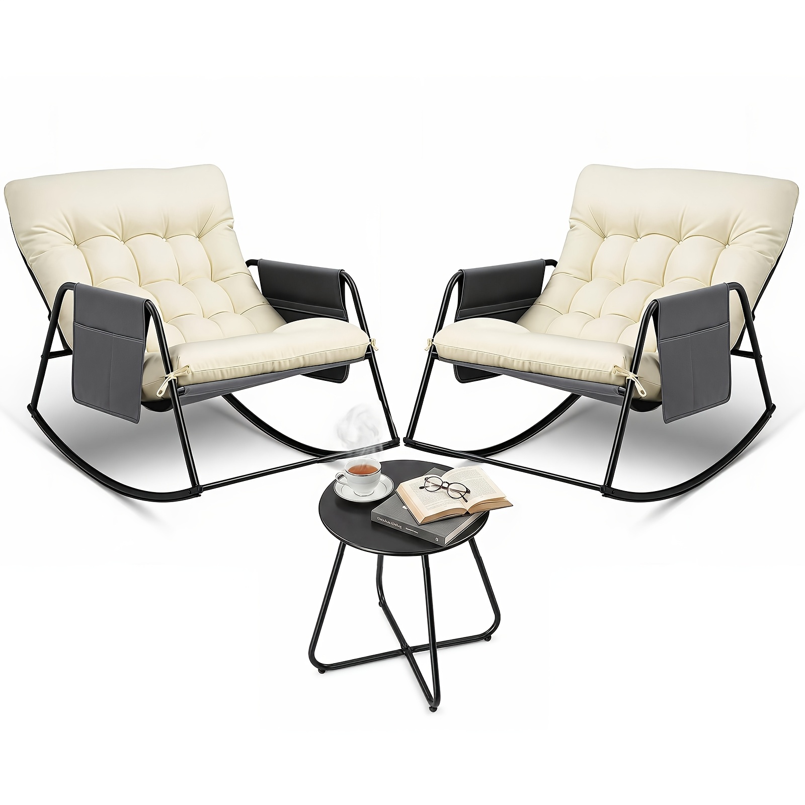 Image of Bonnlo 3pcs Balcony Furniture Set, Patio Furniture With 2 Rocking Chairs And 1 Small Table, Suitable For Porch, Garden, Pool Area, Balcony Or Backyard, Gray/white