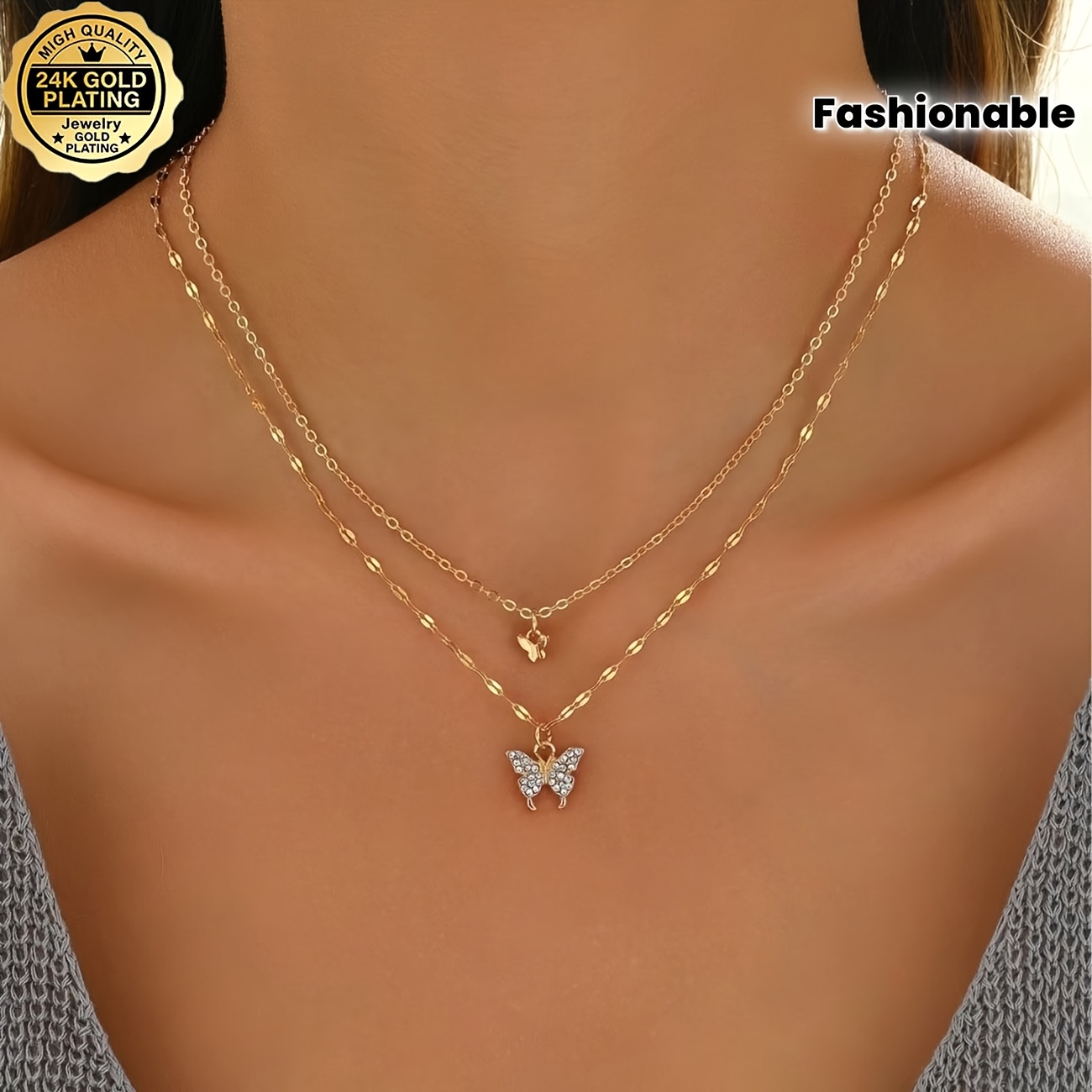 TEMU 2pcs Collier Papillon Double Couche Vent Étincelant 24K Doré en Acier Inoxydable 316 pour Femmes, Design et de Tempérament, Chaîne Clavicule de