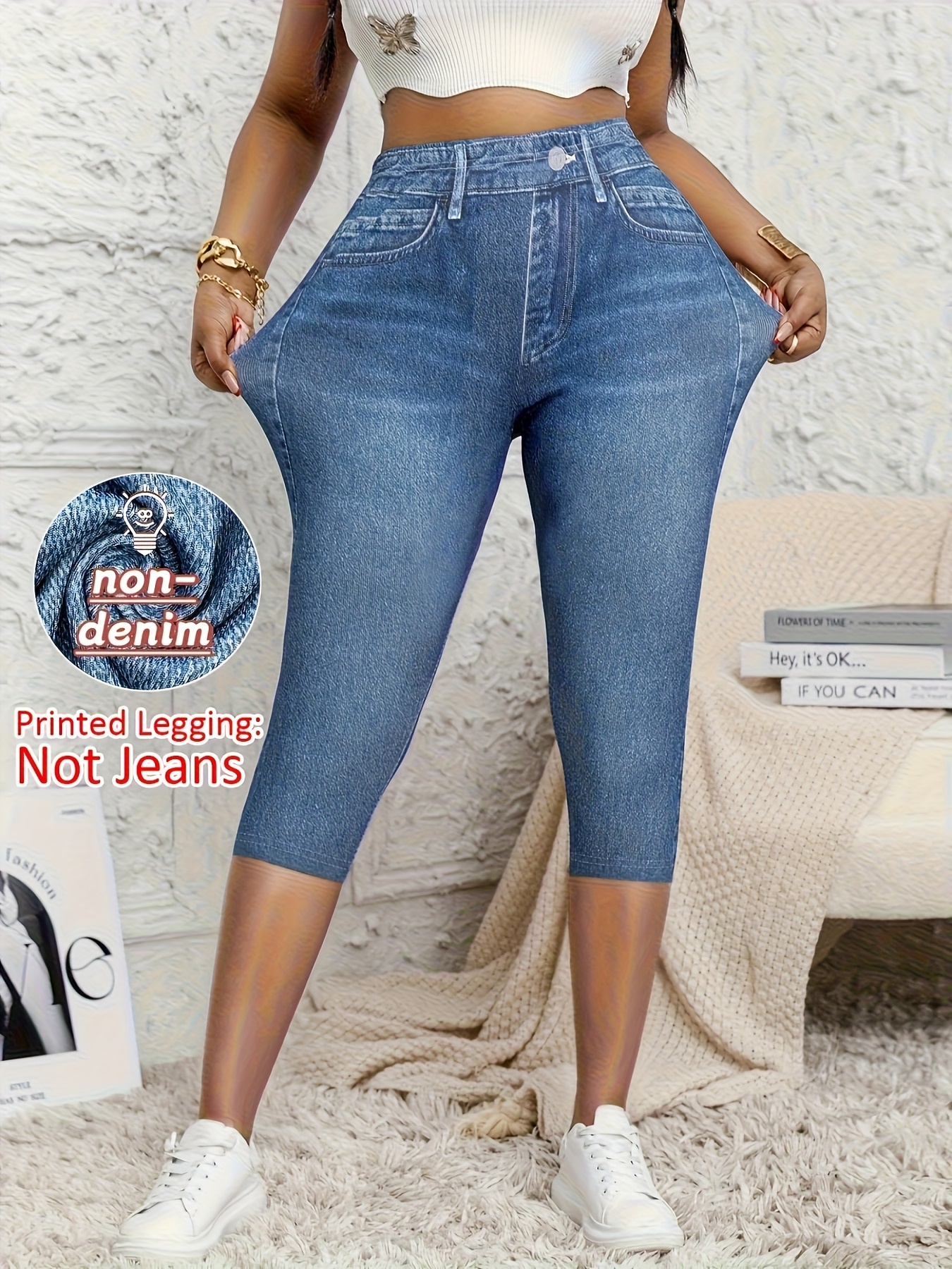 printed leggings not made of   denim fabric womens three quarter pants with a   denim print