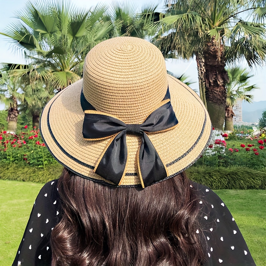 Classic Black Bowknot Straw Hat Elegant Solid Color Sun Hats - Temu