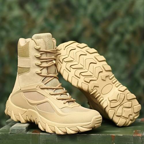 koonexy casual sports mens shoes all terrain cushioning side zipper with lace up ankle design anti slip pvc sole and khaki black suitable for casual sports activities such as camping hiking and work
