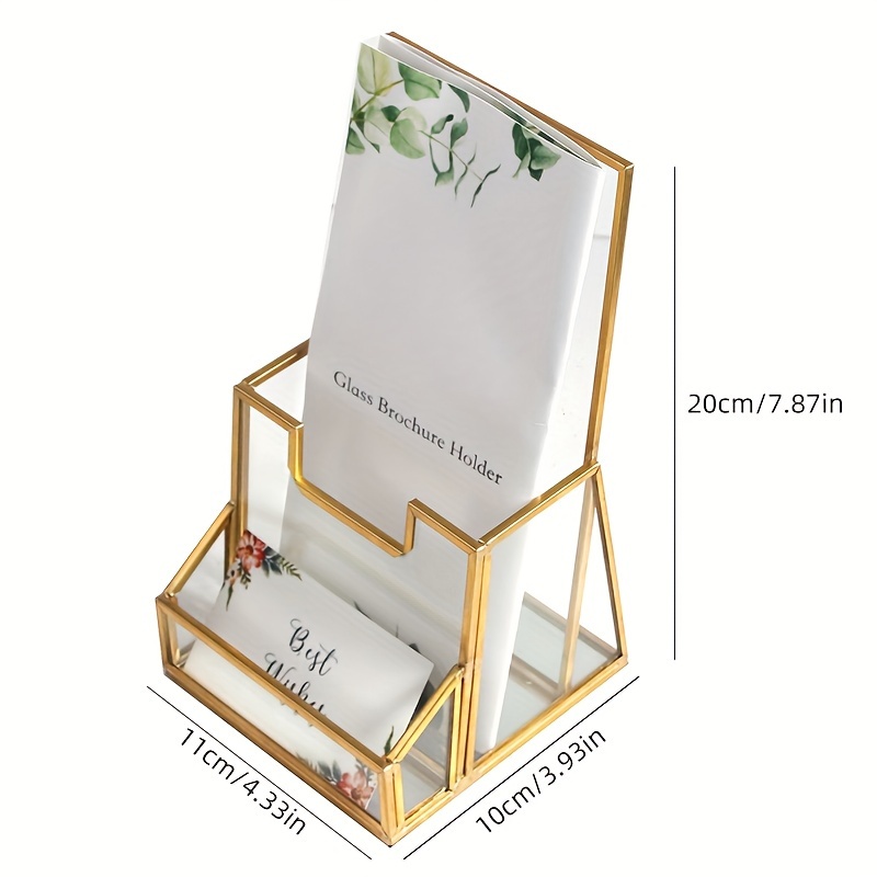 E-shop Eleganter Goldener Glas-Prospektständer mit Visitenkartenhalter - Modernes Dreifach-Display für Flyer, Zeitschriften & Mehr - Keine Installation