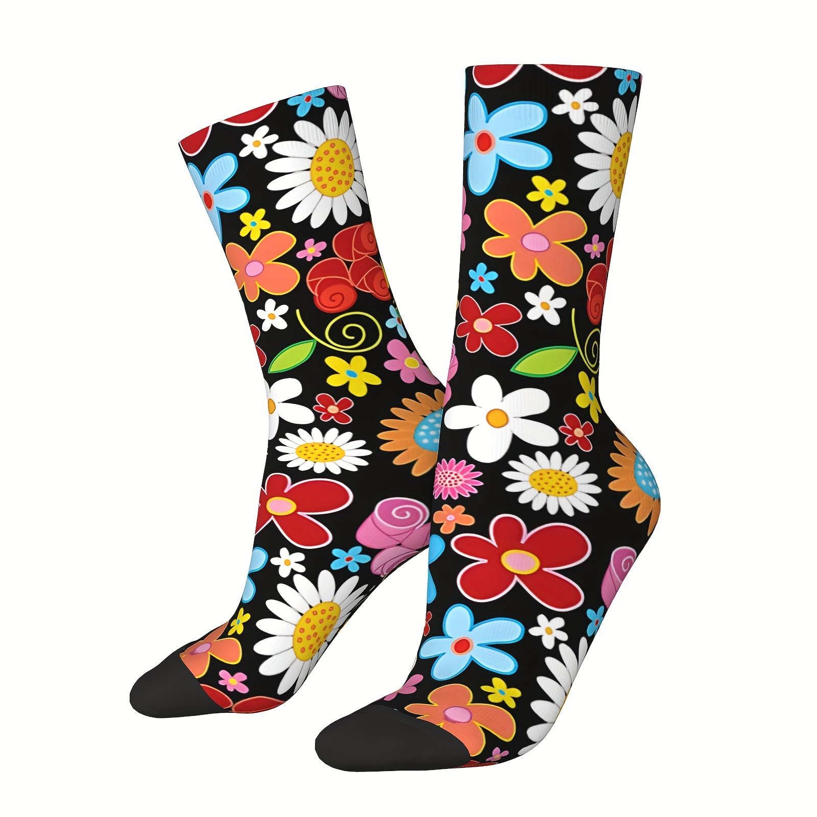 

1 Pair Of Unisex Harajuku Vintage Style Novelty Flower Pattern Crew Socks, Trendy 3d Digital Printed Men Women Socks, Crazy Funny Socks For Gifts
