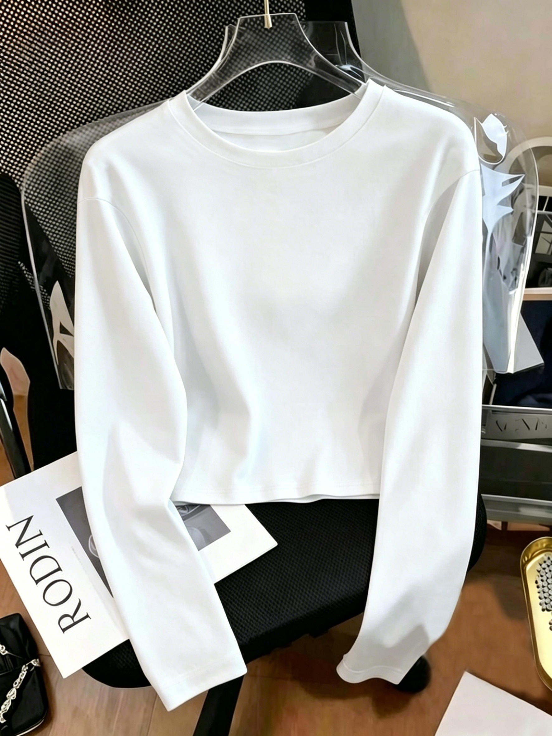 Women's 2026 Style Round Neck Cropped Long Sleeve T-Shirt, Early Autumn Loose Fit New Arrival