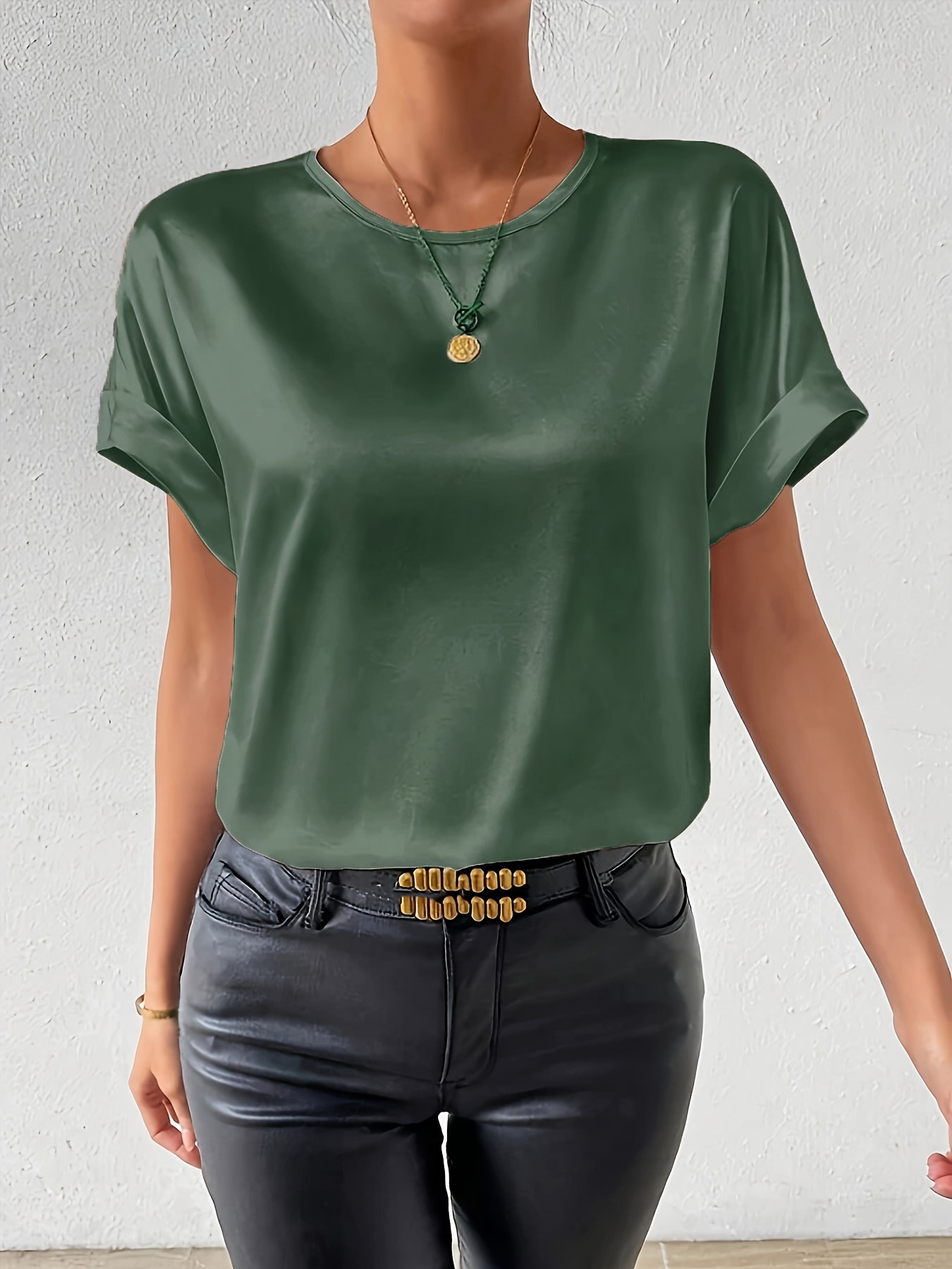 Women'S Plus Size Light Blue Woven Blouse - Elegant Short Sleeve Crew Neck, Solid Color, Non-Stretch Fabric, Perfect for Summer, Casual Summer Wear|Sleek Fitted Look|Nonstretch Material, Plus Size Blouses