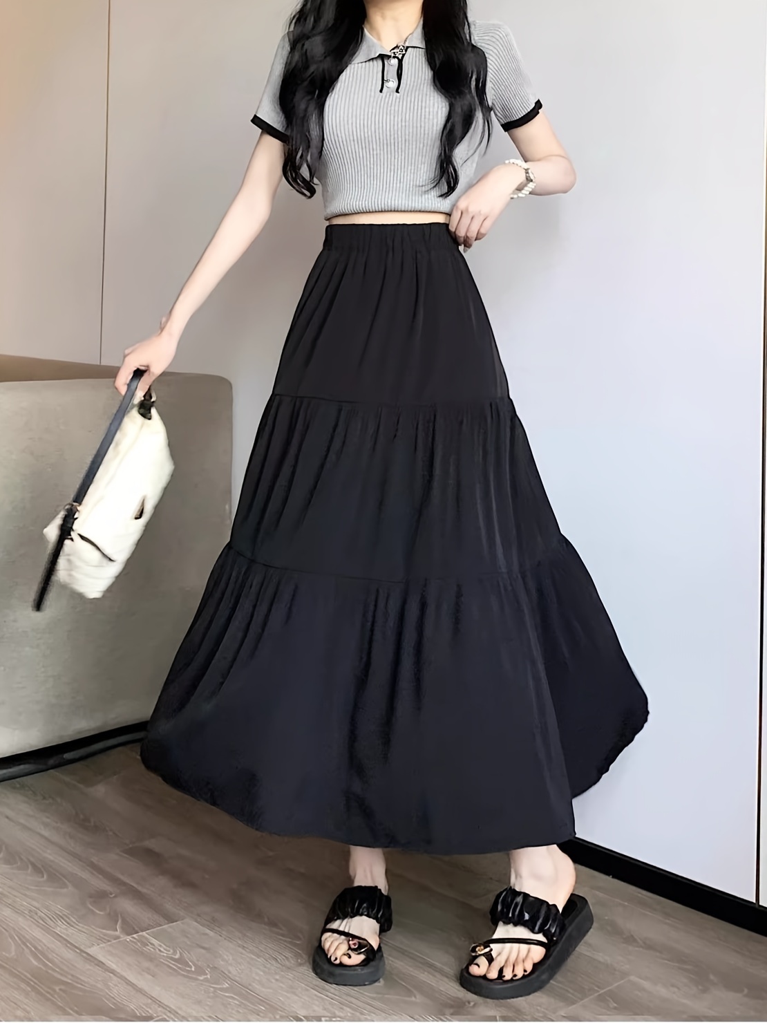 【新品】 dium.／layered design straight skirt solid color high waisted midi skirt a long layered design