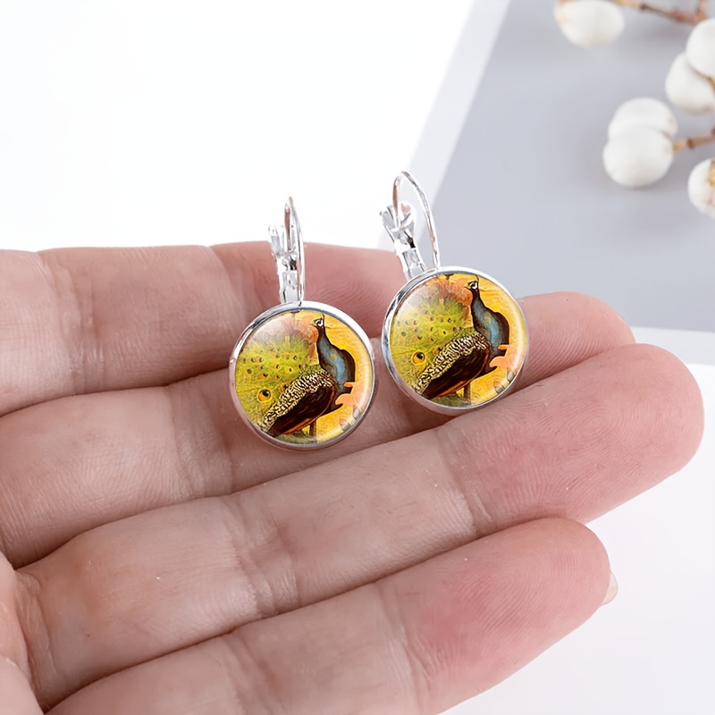 2pcs Round Glass Inlaid Base Earrings Set with Peacock Feather