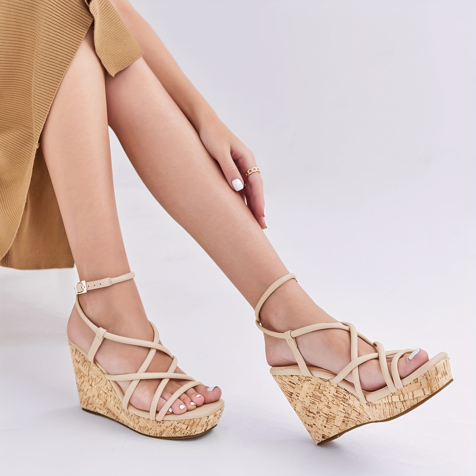 Sandalias de Plataforma con Cuña para Mujer Tacones Tipo Alpargatas con  Correas Ajustables en el Tobillo y Punta Cubierta Sintética Lavable