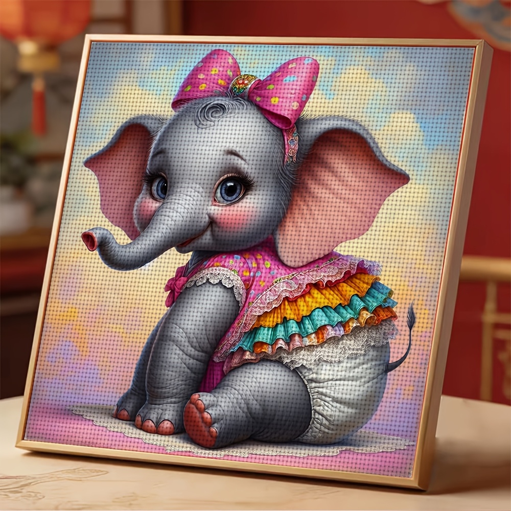 Frameless Cross-Stitch Printed Kit, Cute Little Elephant with Bow