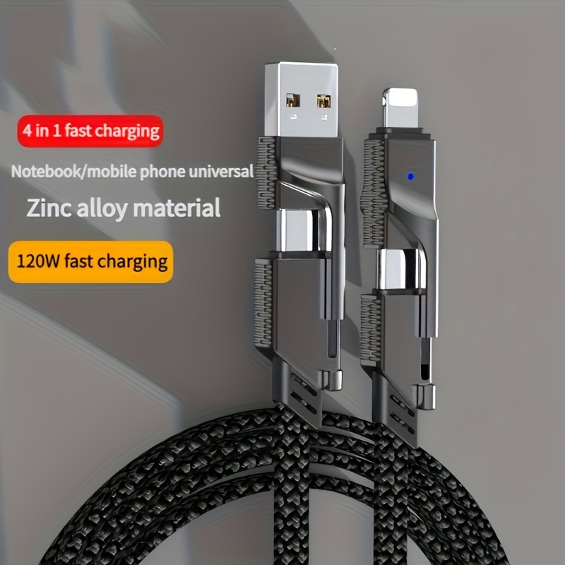 

4-in-1 Zinc Alloy Quick Charging Cable, Mfi Certified, Durable Braided Usb & Type-c Dual Pd Heads, Fast Charge For 15/14/13/12/11/x And Android, 120w High Power