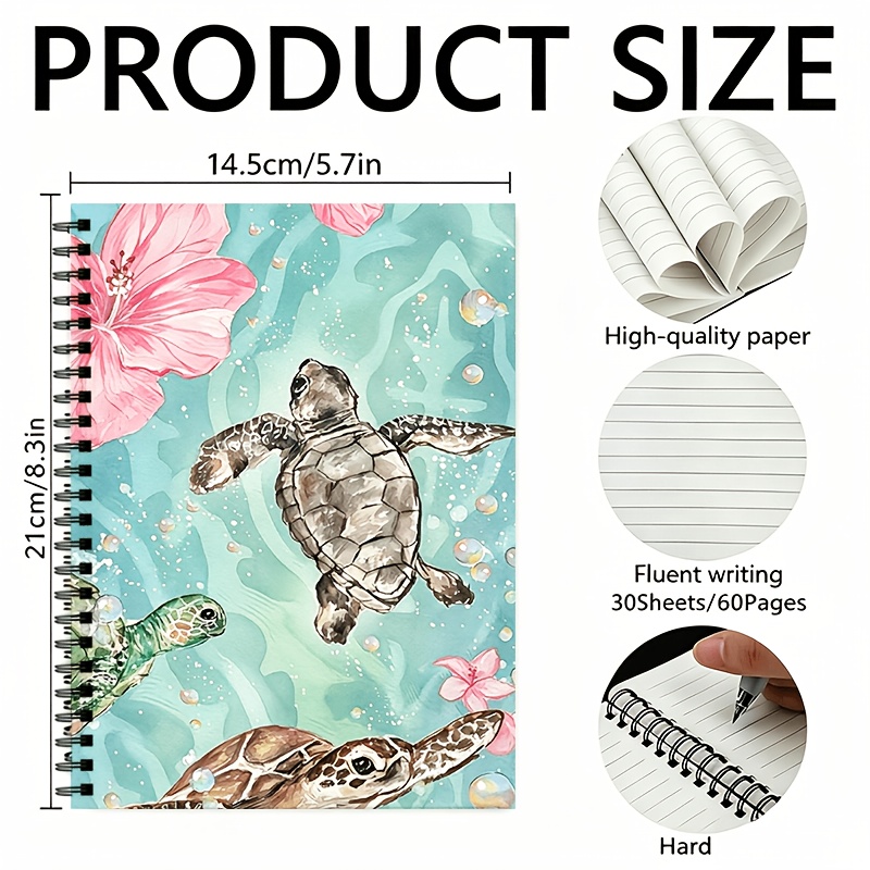 TEMU 1 Carnet à spirale Tortue de mer, 30 feuilles intérieures totalisant 60 pages, reliure à spirale, thème , style océan bleu , convient pour et ,