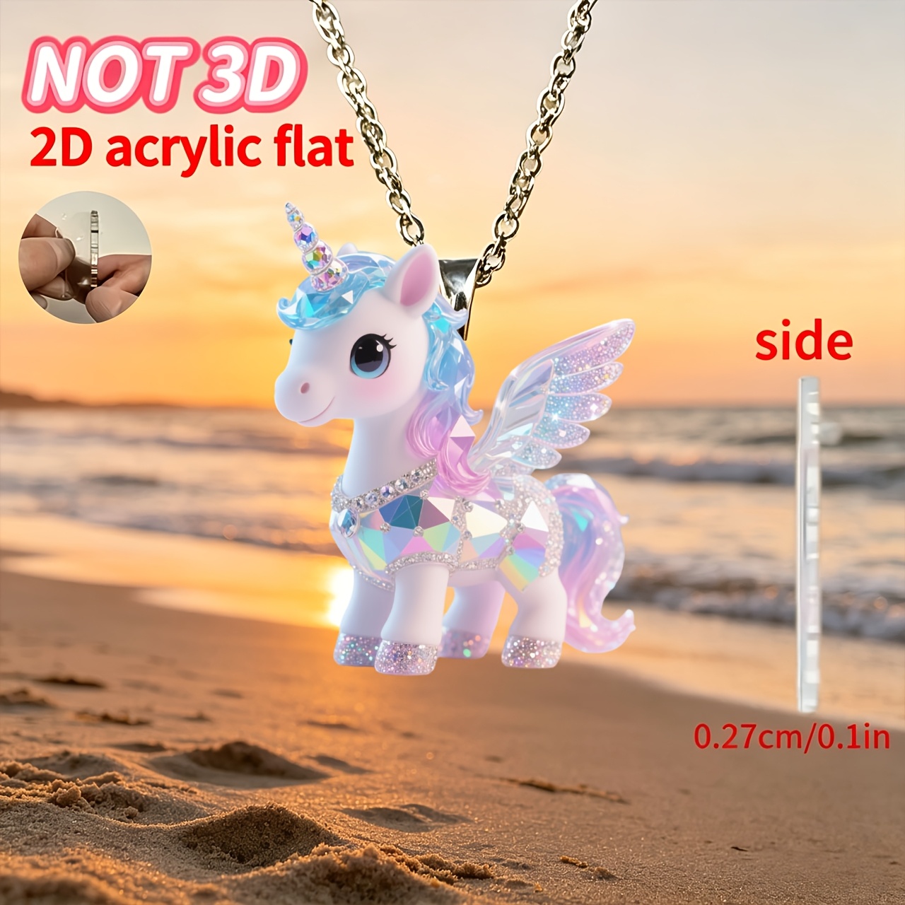 TEMU 2d Flat - [2d Flat] 1pc Beautiful Unicorn Pendant Women's New Acrylic Necklace, Fashion Sweater Chain, Suitable For Birthday, Party, Valentine's