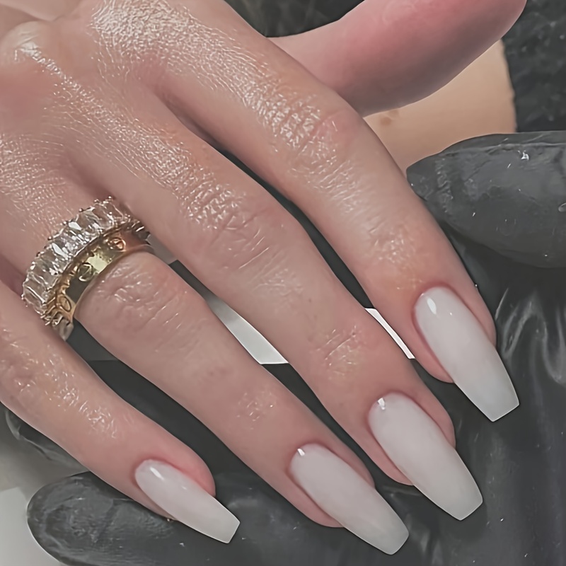 Image of 10pcs Set Of 3 Handmade Press-on Nail Kits, Long Coffin Shape, Beige And White, Elegant And Minimalist, Old-money Style, , Modern Korean Style, , Fashionable , Neutral Colors, Classic , Glossy Finish