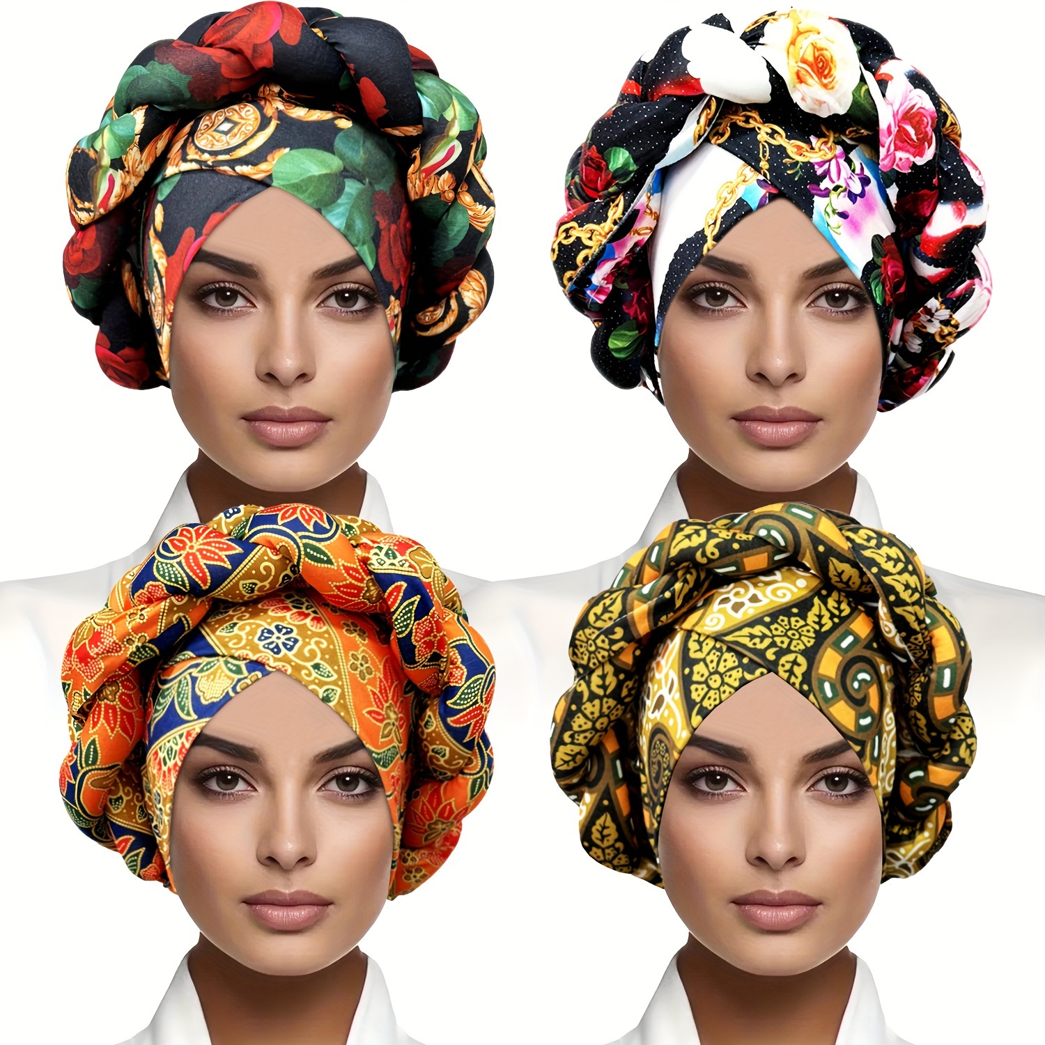 

4pcs Chic African Print Turban - Effortless Wax Print Headwrap, Fits All - Fashion Accessory For Any