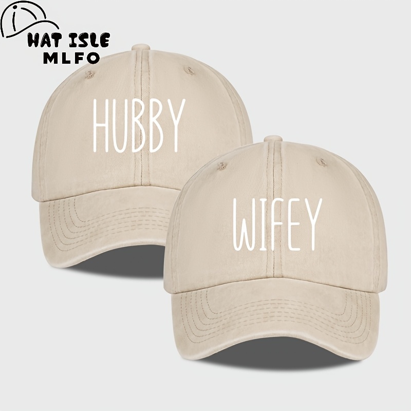 Image of 2pcs Minimalist Hubby Wifey Printed Vintage Washed Baseball Casual Stylish Adjustable Size Suitable For Everyday Wear, Outdoor Activities, Shopping And Holidays Unisex