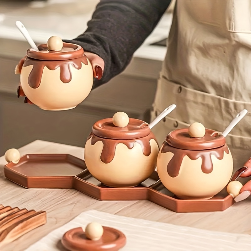 ceramic spice jar with spoon beige   decor mini condiment container with matching spoon cute tabletop decoration for countertop dining table or gift ideal for spices sugar coffee easy   countertop organizer Product details 1